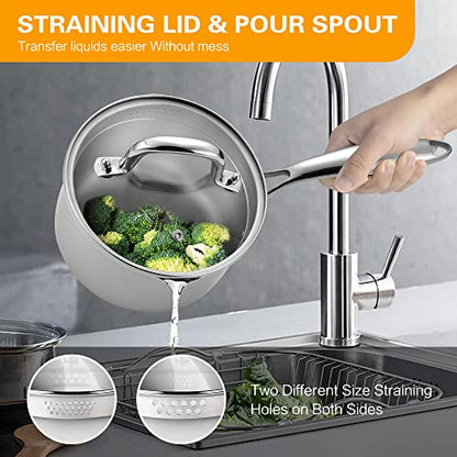 Stainless Steel Saucepan with Glass Lid, 2.0 Quart Multipurpose Sauce Pan, Sauce Pot with for Easy Pour with Ergonomic Handle