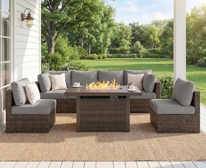 gaildon 7 Piece Outdoor Patio Furniture Set with 42" Fire Pit, Wicker Furniture Sectional Conversation Sofa Set with Comfortable Cushions, Grey