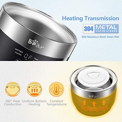 Bear Yogurt Maker, Greek Yogurt Maker Machine with Strainer and Timer Control, Stainless Steel Inner Pot, Automatic Digital with 2 Glass Jars 1 Quart for Home Organic Yogurt, Cheese, Fruit Wine