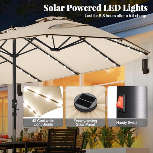 Tangkula 11 Pieces Patio Dining Set with 15 ft Double-Sided Patio LED Umbrella (Base Included), Outdoor Rattan Furniture Set with 8 Armchairs, 1 Rectangular Acacia Wood Dining Table