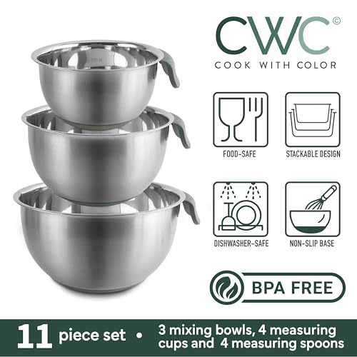 COOK WITH COLOR Stainless Steel Mixing Bowls Set and Measuring Cups- Nesting Bowls with Non-Slip Bottom and Easy-Grip Handles, Sage, 11 Pieces