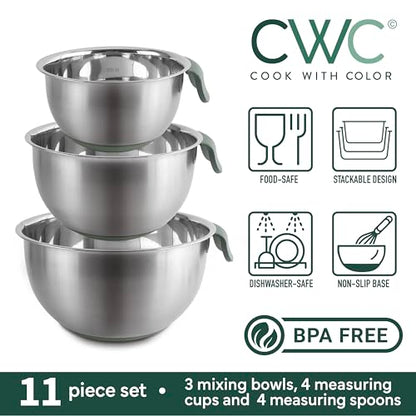 COOK WITH COLOR Stainless Steel Mixing Bowls Set and Measuring Cups- Nesting Bowls with Non-Slip Bottom and Easy-Grip Handles, Sage, 11 Pieces