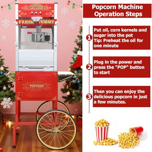 Commercial Popcorn Machine 32OZ with Cart - Stainless Steel Kettle Popper with Wheels, Warming Deck & Tempered Glass, for Business, School, Corporate, Institutional, Theater, Home Use, Red