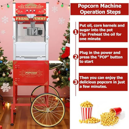 Commercial Popcorn Machine 32OZ with Cart - Stainless Steel Kettle Popper with Wheels, Warming Deck & Tempered Glass, for Business, School, Corporate, Institutional, Theater, Home Use, Red