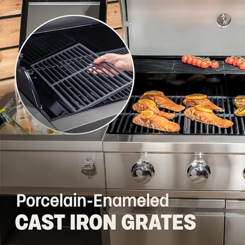 Tytus Fresno 5-Burner Propane or Natural Gas Island Grill – 864 sq. in. Cooking, 48,000 BTU Main + 12,000 BTU Side Burner, Porcelain Grates, Storage Cabinets, Semi-Portable - SS/Ash Stone