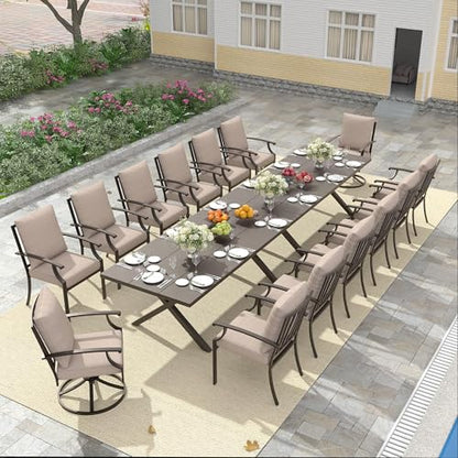 RTDTD 16 PCS Outdoor Patio Dining Set,Patio Table and Chairs Metal Outdoor Patio Furniture Set with Umbrella Hole,Dining Table Set with Swivel Chairs for Deck,Backyard and Garden,Brown
