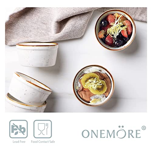 ONEMORE 12 oz Ramekins Oven Safe - Set of 6 Speckled Ceramic Souffle Dishes with Brown Rim for Baking Creme Brulee, French Onion Soup, Pot Pies, and More | Rustic Design with Warm Cream Glaze