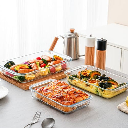 Pmssypl 3 Pack High Borosilicate Glass Baking Dishes for Oven, (2.3QT, 1.6qt, 1.0QT), Rectangular Bakeware Sets, Deep Glass Casserole Dishes with Handle for Microwave, Oven, Baking, Meal Preparation