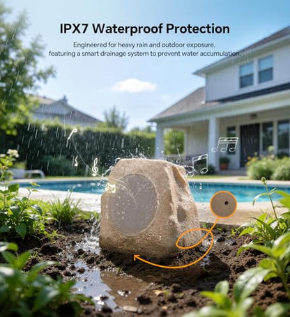 Upgraded Outdoor Rock Speaker 60W Deep Bass Multi-Sync up to 100Pcs, Remote Control, IPX7 Waterproof Solar-Powered with LED Lights Perfect for Pool, Garden, Patio, Ideal for Music Lovers - 2 Packs
