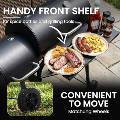 Dopinmin BBQ Charcoal Grill, Outdoor Heavy Duty Cooker oven Barbecue Grill with Offset Smoker & Thermometer, Wheels and Tray for Patio Balcony Picnics, Party and Camping