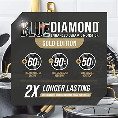 Blue Diamond Gold 10 Piece Cookware Pots and Pans Set, Induction Suitable, Diamond Infused PFAS-Free Ceramic Nonstick, Durable, Metal Utensil Safe, Dishwasher Safe, Gold Handle, Black