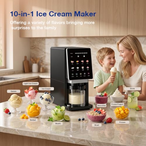 H-Duka 10-in-1 Ice Cream Maker Machine, 800W Frozen Treat Maker for Silky Gelato, Sorbet&Slushies, One-Touch Mix-In & Re-Spin for Creamy Texture, Keto & Vegan, Includes 3 Pints & Recipe Guide, Black