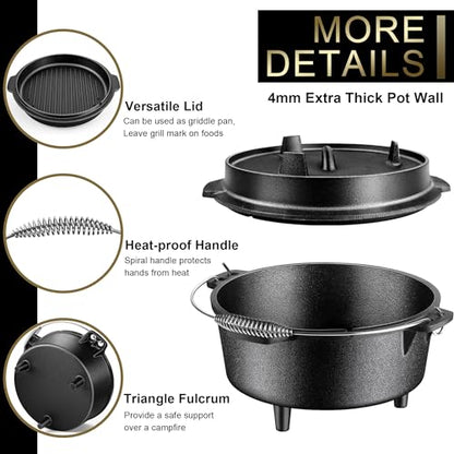 Joyfair Pre-seasoned Cast Iron Dutch Oven Set, Camp Dutch Pot & Griddle Skillet, 5QT Pot & 2QT Lid, Lid Lifter/Iron Stand/Cleaner, For Stewing, Baking, Sourdough Bread
