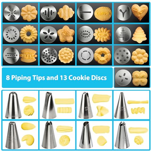Stainless Steel Cookies Press,Cookie Press Gun Kit with 13 Cookie Discs and 8 Piping Tips for DIY Various Cookies Maker