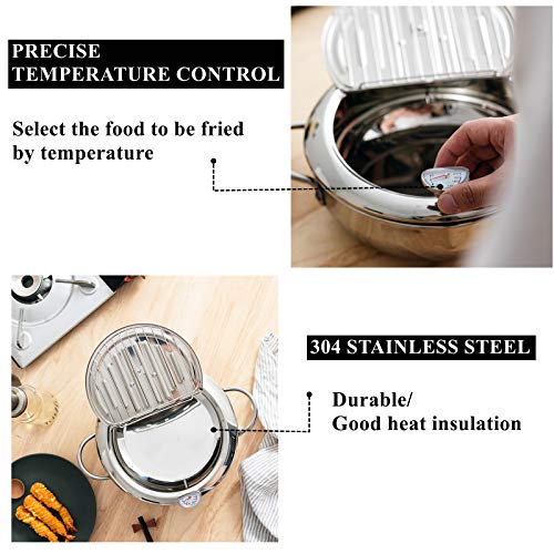 Yopay 304 Stainless Steel Deep Fryer Pot, Frying Chicken Pot, Tempura deep Fryer with a Thermometer and a lid, Japanese Style Tempura Fryer Pan,2.2L