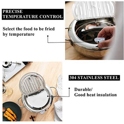 Yopay 304 Stainless Steel Deep Fryer Pot, Frying Chicken Pot, Tempura deep Fryer with a Thermometer and a lid, Japanese Style Tempura Fryer Pan,2.2L