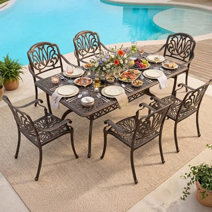VINGLI 7-Piece Outdoor Dining Set, Cast Aluminum Patio Furniture Set for 6 with Umbrella Hole, Rectangular Outdoor Dining Table & 6 Stackable Chairs, All-Weather Garden/Poolside Dining Set Bronze