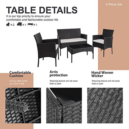 Shintenchi 4 Piece Outdoor Patio Furniture Sets, Small Wicker Patio Conversation Furniture Rattan Chair Set with Tempered Glass Coffee Table for Backyard Porch Garden Poolside Balcony,Black