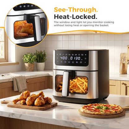 NEWBULIG Air Fryer 6.34QT Airfryer with Visible Window 400℉ Fast Heating Stainless Steel Air Fryers Oven with Nonstick and Dishwasher-Safe Basket 8-in-1 Cooking Preset with Timer Auto-Off