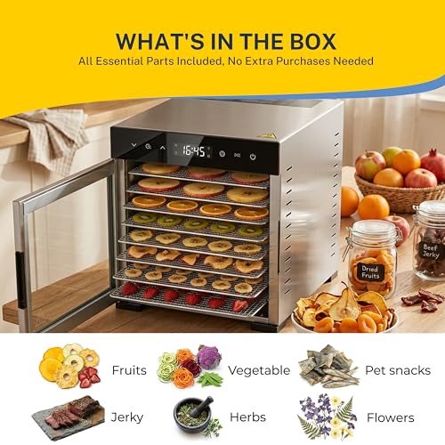 Simple Deluxe Food Dehydrator, Fruit Dryer Machine with 8 Stainless Steel Trays, 500W Powerful Motor, 185°F Adjustable Temperature & 48-Hour Timer for Jerky, Fruits, Herbs, Dog Treats, Silver