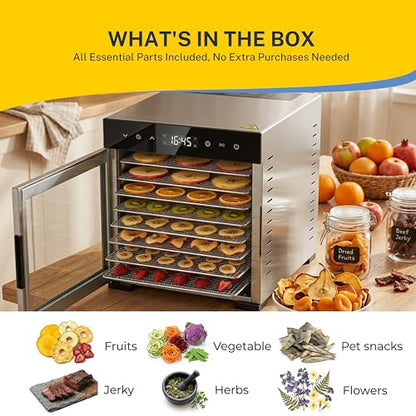 Simple Deluxe Food Dehydrator, Fruit Dryer Machine with 8 Stainless Steel Trays, 500W Powerful Motor, 185°F Adjustable Temperature & 48-Hour Timer for Jerky, Fruits, Herbs, Dog Treats, Silver