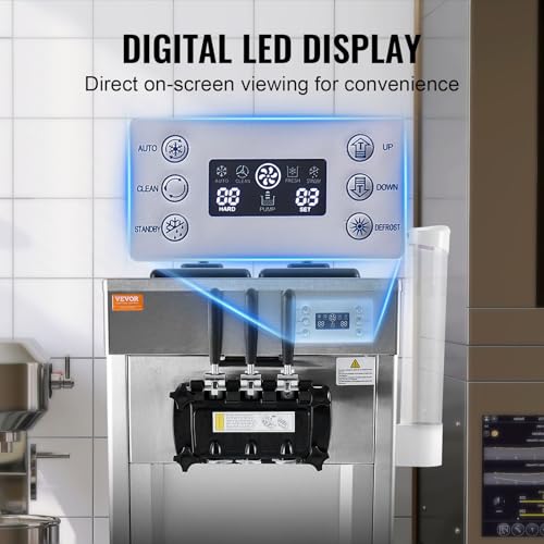 VEVOR 1850W Commercial Soft Ice Cream Machine 3 Flavors 5.5 to 8.2Gallon per Hour PreCooling at Night Auto Clean LCDPanel for Restaurants Snack Bar, Sliver