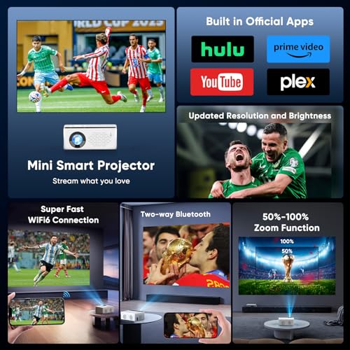 TMY Native 1080P Smart projector with WiFi and Bluetooth, Compatible with Netflix/Prime Video/YouTube, for Smartphone/TV Stick/HDMI/USB, indoor & outdoor use, Camping, Gaming