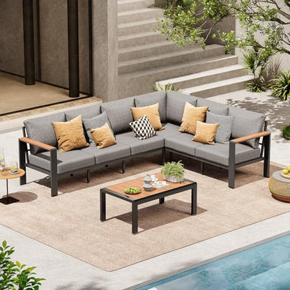 ComfCove Aluminum Outdoor Patio Furniture Set 6 Seats, Outdoor Sectional Corner Sofa with Thick Waterproof Cushions & Coffee Table, Patio Conversation Sets for Backyard, Porch, Balcony, Deck, Gray