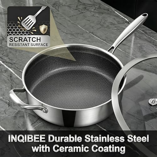 Inqibee 5 QT Hybrid Nonstick Saute Pan with Lid, Long Handle Tri-Ply Stainless Steel Skillet, 12 Inch Deep Frying Pan, PFOA & PFOS Free, Induction Compatible, All Cooktops, Oven & Dishwasher Safe