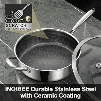 Inqibee 5 QT Hybrid Nonstick Saute Pan with Lid, Long Handle Tri-Ply Stainless Steel Skillet, 12 Inch Deep Frying Pan, PFOA & PFOS Free, Induction Compatible, All Cooktops, Oven & Dishwasher Safe