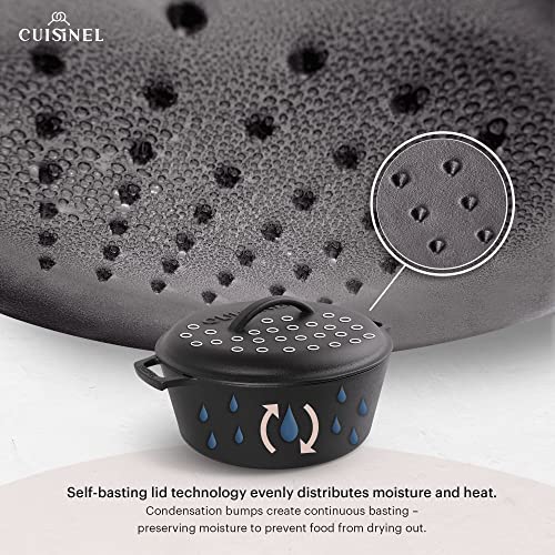 Cuisinel Cast Iron Dutch Oven - 7-Quart Deep Pot + Lid + Pan Scraper + Handle Covers - Large Pre-Seasoned Cooker for Baking Bread, Soup, Frying - Indoor/Outdoor Kitchen, Camping, Fire, BBQ Safe