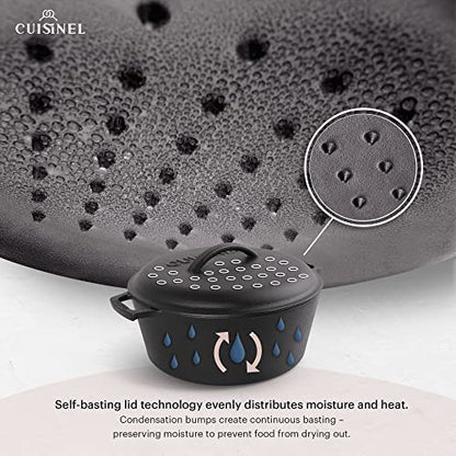 Cuisinel Cast Iron Dutch Oven - 7-Quart Deep Pot + Lid + Pan Scraper + Handle Covers - Large Pre-Seasoned Cooker for Baking Bread, Soup, Frying - Indoor/Outdoor Kitchen, Camping, Fire, BBQ Safe