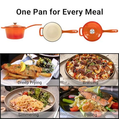 Enameled Cast Iron Sauce Pan, 2 Quarts Round Sauce Pot with Lid, Mini Dutch Oven Enamel Saucepan for Cooking Pasta Sauce, Marinate, Cook, Refrigerate and Serve, Flame Orange