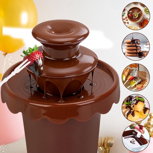 5-OZ Mini Chocolate Fountain with 10 Forks, 2-Tier Mini Chocolate Dipping Machine for Use Only with Chocolate Syrup, fit for Parties, Daily Use, Powered by 4 x C Batteries (Not Included)