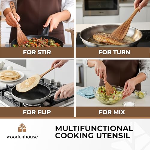 Wooden Spatula for Cooking, 12 Inch - Easy to Clean, Long-Lasting & Sturdy Natural Acacia Wood Spatula for Cooking - Wooden Spatulas with Comfortable Handle, Perfect for Flipping, Turning & Frying