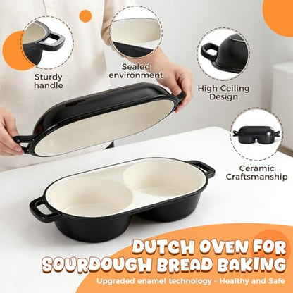 Mini Double Dutch Oven for Sourdough Bread Baking, Enamelled Cast Iron Bread Pan with Lid, Double Round Loaf Space, 16.5cm Diameter, Mini Double Dutch Oven for Homemade Baking (Black)