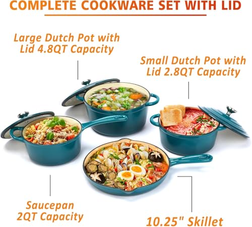 Hisencn Enameled Cast Iron Cookware Set - 7 Piece Set of Dutch Ovens, Sauce Pan, Skillet, 3 Lids, Dutch Oven Set, Ceramic Coated Cast Iron, Heavy Duty, Gas/Induction Compatible (Teal)