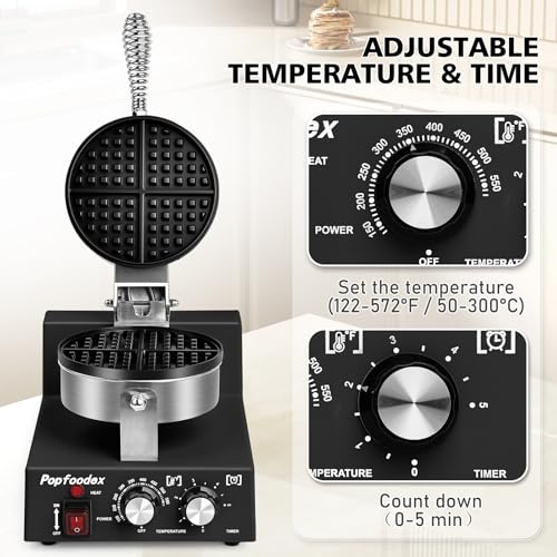 Popfoodex Commercial Waffle Maker for Restaurant, 110V Electric Waffle Maker w/Non-stick and 122–572°F Adjustable Temp, 1200W Profession Waffle Iron with Timer and Heavy Duty, Hotel Waffle Machine