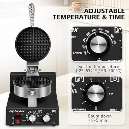 Popfoodex Commercial Waffle Maker for Restaurant, 110V Electric Waffle Maker w/Non-stick and 122–572°F Adjustable Temp, 1200W Profession Waffle Iron with Timer and Heavy Duty, Hotel Waffle Machine