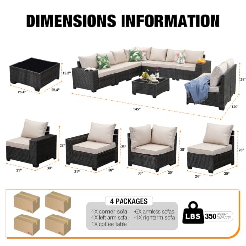 JOYURE 10 Pieces Patio Furniture Set All-Weather Outdoor Wicker Sectional Conversation Sofa Rattan Patio Seating Sofa with Cushion and Glass Table for Porch Poolside,Beige
