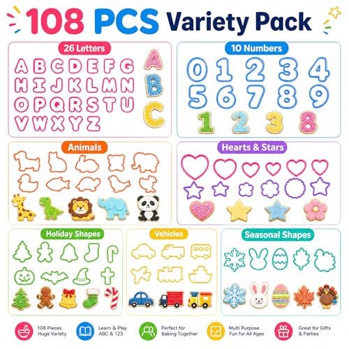 108PCS Shape Cookie Cutters Bulk – Big Plastic Baking Cookie Cutters Variety Pack for All Purpose, Alphabet Numbers Animals Hearts and Other Shapes for Baking Bento Box Bakeware Holiday Birthday Party