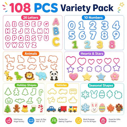 108PCS Shape Cookie Cutters Bulk – Big Plastic Baking Cookie Cutters Variety Pack for All Purpose, Alphabet Numbers Animals Hearts and Other Shapes for Baking Bento Box Bakeware Holiday Birthday Party
