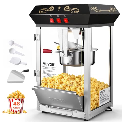 VEVOR Popcorn Maker, 850W Popcorn Popper Machine, 8 Oz Kettle Makes 48 Cups per Batch, Countertop Popcorn Maker with Tempered Glass, Includes 4 Scoops, Movie Theater Style, Black
