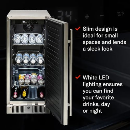 Blaze 15-Inch Outdoor Rated Compact Refrigerator | 3.2 Cu. Ft. Stainless Steel Fridge with Reversible Door & Adjustable Shelves | UL Certified for Outdoor Use | BLZ-SSRF-15