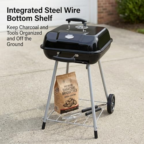 17.5 Inch Square Charcoal Grill with Wheels, Portable Outdoor BBQ Kettle Grill for Patio and Backyard Cooking, Porcelain-Coated Steel Grates and Adjustable Dampers, 302 Sq In Cooking Area, Black