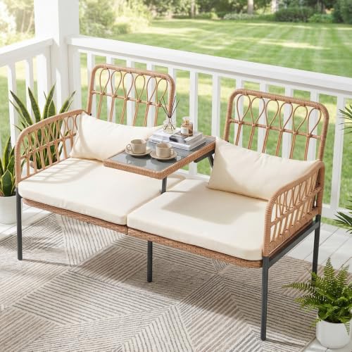 PROHIKER ROHIKER Outdoor Patio Loveseat Rattan Loveseat 2-Seat Furniture with Built-in Table, Lumbar Pillows and Cushions, All-Weather Small Patio Couch for Balcony, Lawn, Backyard