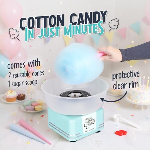 Nostalgia Countertop Cotton Candy Machine – Use Normal or Sugar-Free Candy or Flossing Sugar – Includes 2 Reusable Cones and Measuring Scoop – Aqua