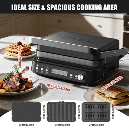CATTLEMAN Panini Grill Press Sandwich Maker with Removable Plates, 1600W, 6 in 1 Waffle Maker & Electric Indoor Grill with Meat Thermometer, PFAS Free Ceramic Nonstick Reversible Plates, Opens Flat