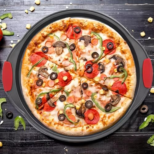 ZOEHROWS 13 Inch Pizza Pan for Oven (2 Pack) Round Pizza Pan with Holes - Non-Stick Carbon Steel Pizza Tray with Silicone Handles - for Cooking, Baking, and Grilling - Dishwasher Safe