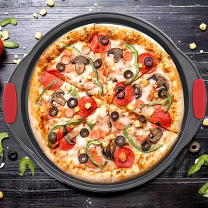 ZOEHROWS 13 Inch Pizza Pan for Oven (2 Pack) Round Pizza Pan with Holes - Non-Stick Carbon Steel Pizza Tray with Silicone Handles - for Cooking, Baking, and Grilling - Dishwasher Safe